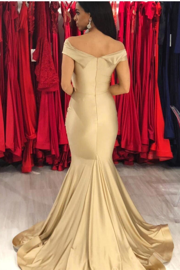 Elegant Chiffon Off-the-shoulder Gold Mermaid Evening Dress Long-stylesnuggle