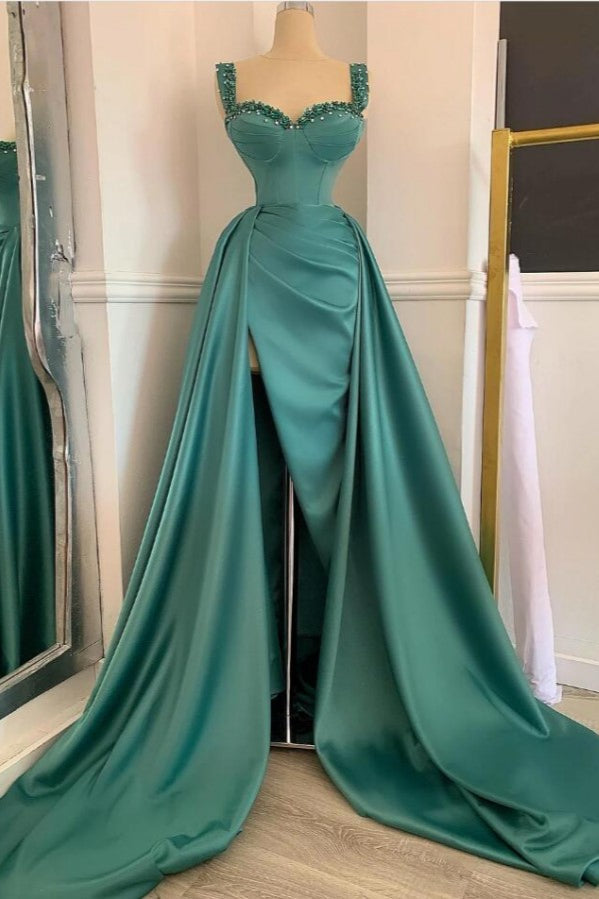 Elegant Green Sweetheart Straps Long Evening Dress With Beadings-stylesnuggle