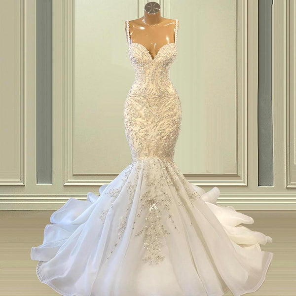 Elegant Ivory Spaghetti straps Sleeveless Mermaid Wedding Dresses-stylesnuggle