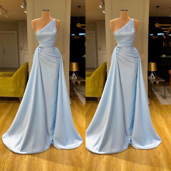 Elegant Light Blue One-shoulder Overskirt Soft-pleated Prom Dress-stylesnuggle
