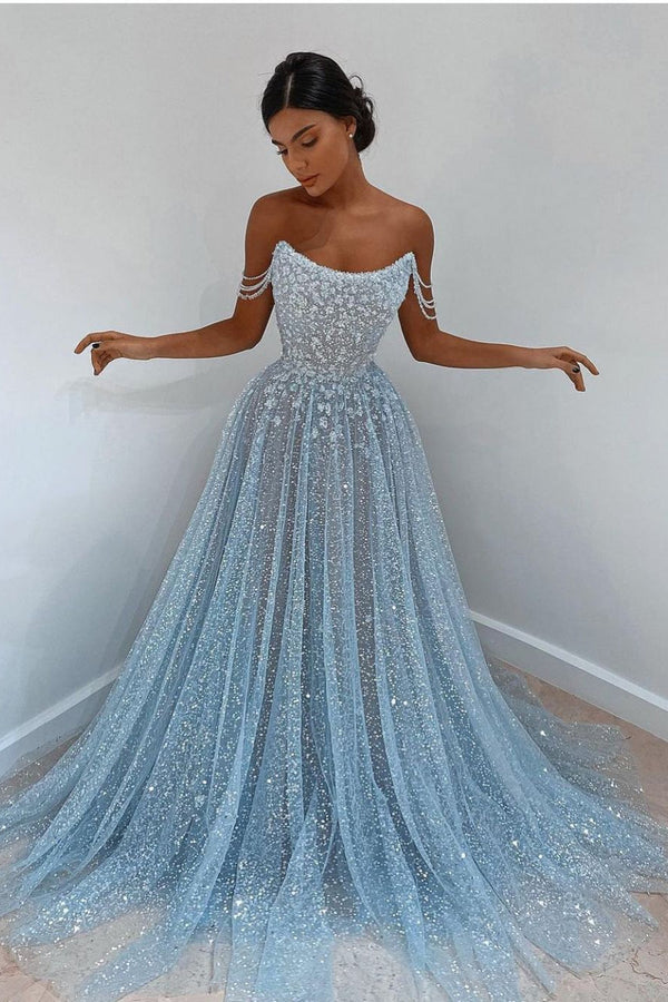 Elegant Light Blue Tulle Sequins Evening Dress Strapless Long-stylesnuggle