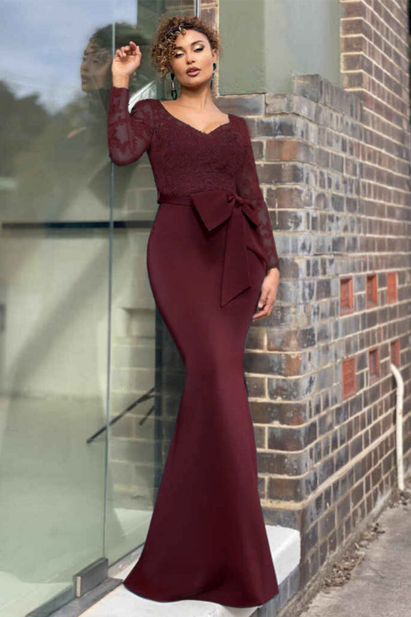 Elegant Long Sleeve Lace Evening Dress Mermaid V-Neck Online-stylesnuggle
