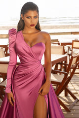 Elegant One Shoulder Long Sleeve Prom Dress With Slit-stylesnuggle