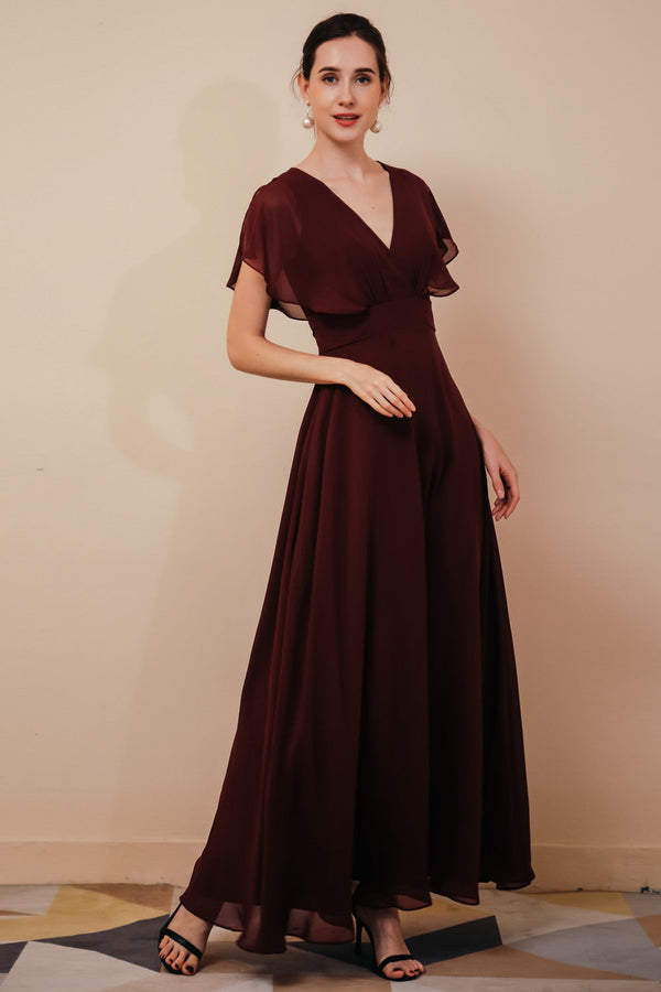 Elegant Rust Cool-shoulder V-neck Chiffon Evening Dress-stylesnuggle
