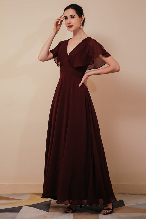 Elegant Rust Cool-shoulder V-neck Chiffon Evening Dress-stylesnuggle
