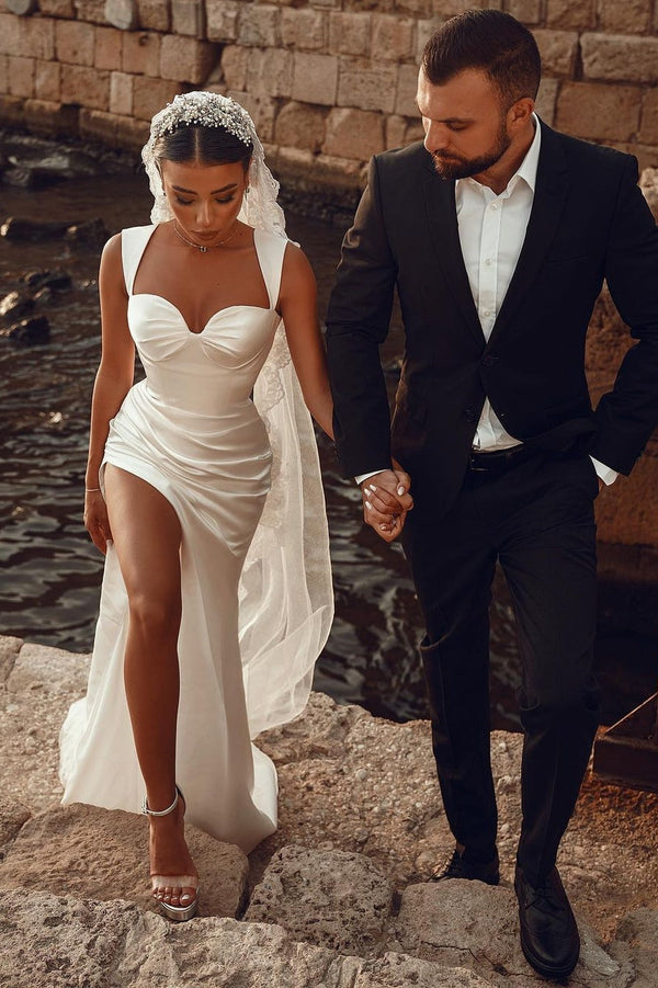 Elegant Sleeveless Straps Ivory High split Sweetheart Wedding Dresses-stylesnuggle