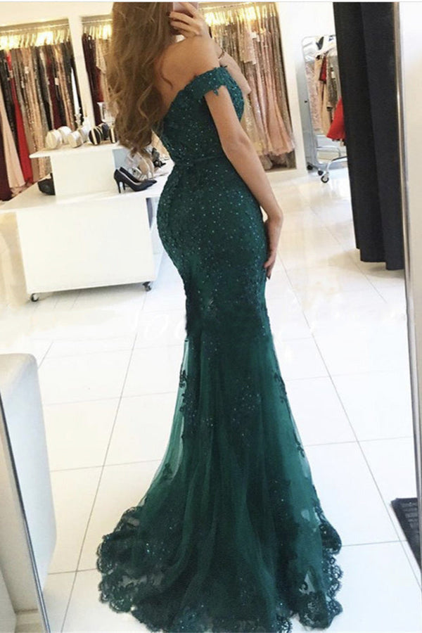 Elegant Tulle Off-the-shoulder Green Mermaid Evening Dress Sequins Lace Long-stylesnuggle