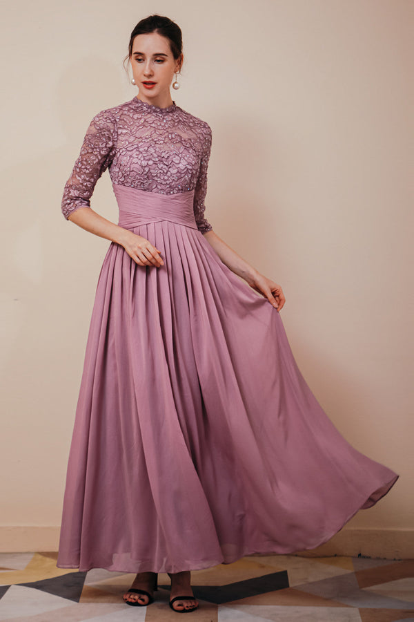 Elegant Violet 3/4 sleeves High waist Beaded Lace Chiffon Evening Dress-stylesnuggle