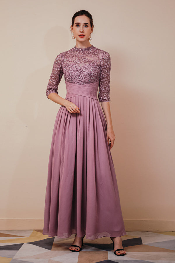 Elegant Violet 3/4 sleeves High waist Beaded Lace Chiffon Evening Dress-stylesnuggle