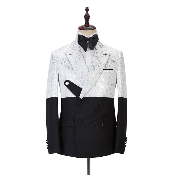 Buy Fashion Black and White Jacquard Peaked Lapel Men Suits Online for men from stylesnuggle. Huge collection of Peaked Lapel Double Breasted Men Suit sets at low offer price &amp; discounts, free shipping &amp; made. Order Now.