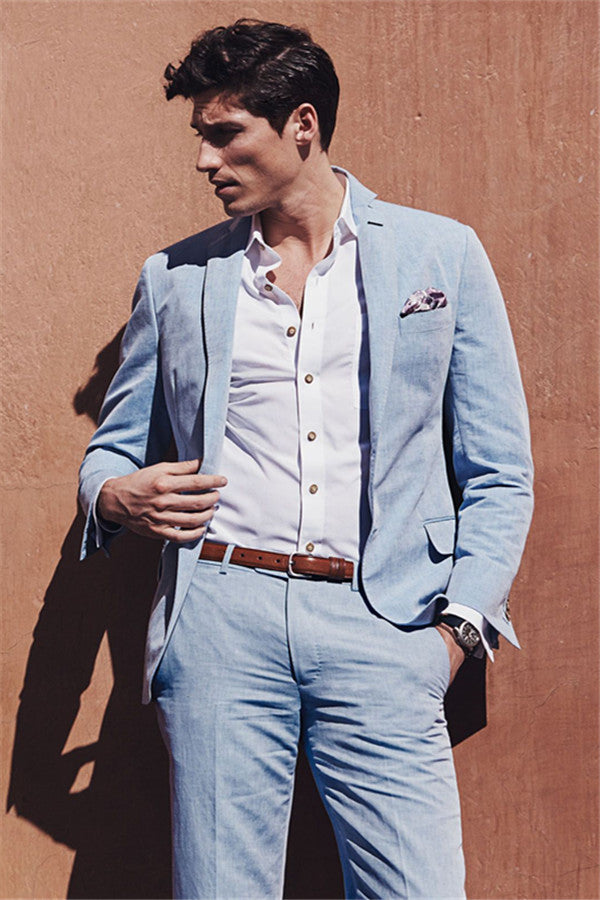 stylesnuggle made this Fashion Casual Sky Blue Summer Men Suits, Two-pieces Linen Beach Wedding Suits for Men with rush order service. Discover the design of this Sky Blue Solid Notched Lapel Single Breasted mens suits cheap for prom, wedding or formal business occasion.