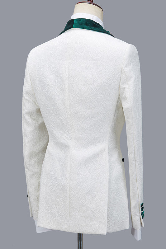 stylesnuggle is your ultimate source for Fashion Jacquard Three Pieces White Wedding Suit with Green Lapel. Our White Shawl Lapel wedding groom Men Suits come in Bespoke styles &amp; colors with high quality and free shipping.