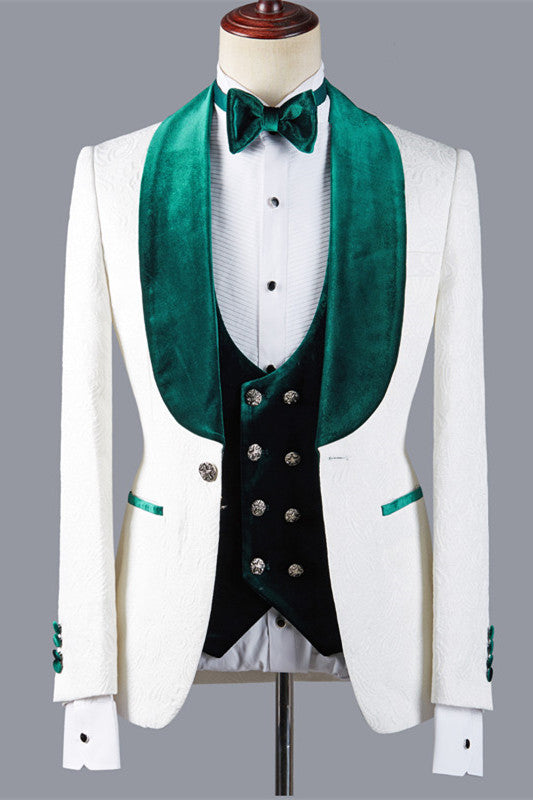 stylesnuggle is your ultimate source for Fashion Jacquard Three Pieces White Wedding Suit with Green Lapel. Our White Shawl Lapel wedding groom Men Suits come in Bespoke styles &amp; colors with high quality and free shipping.
