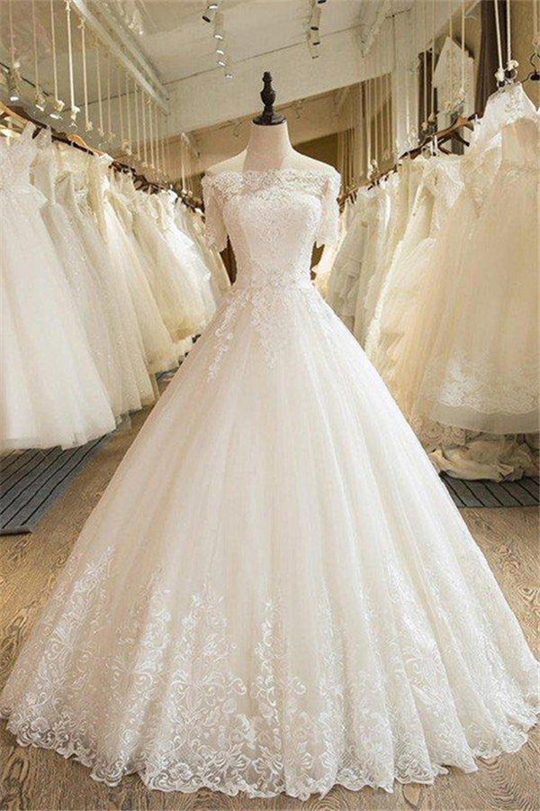 Floor Length Applique Ball Gown Off the Shoulder Lace Tulle 1/2 Sleeves Wedding Dresses-stylesnuggle