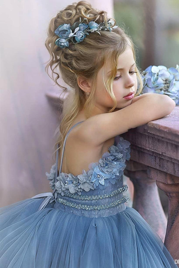 Floral Strapless Dusty Blue Ruffles Puffy Princess Flower Girl Dresses-stylesnuggle