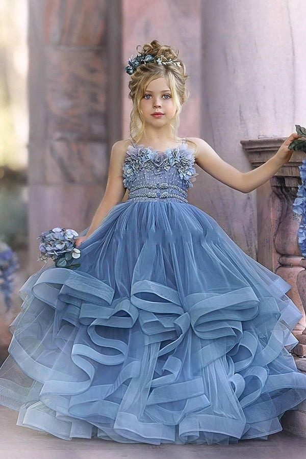 Floral Strapless Dusty Blue Ruffles Puffy Princess Flower Girl Dresses-stylesnuggle