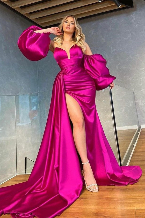 Fuchsia Detachable Sleeves Mermaid Prom Dress Slit With Ruffles-stylesnuggle