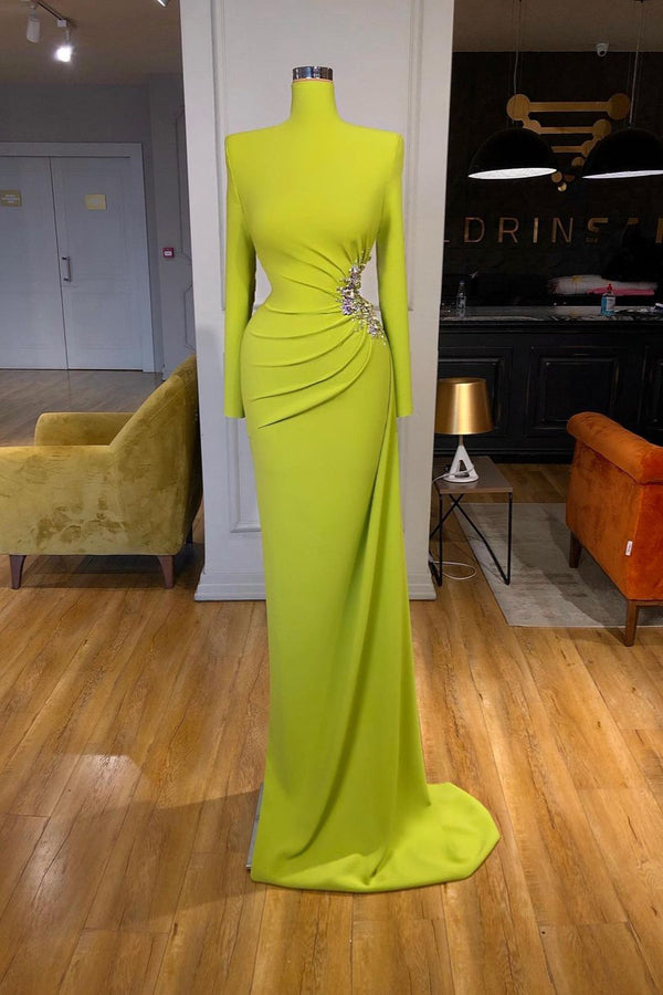 Ginger yellow High-neck Long-sleeves Metallic Beaded Mermaid Prom Dress-stylesnuggle