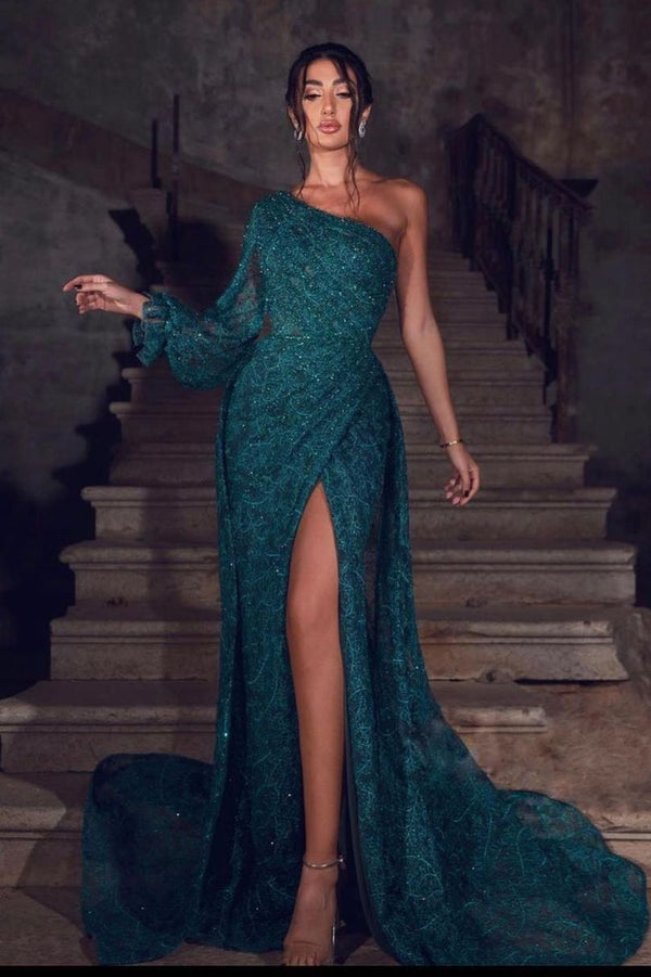 Glamorous Green Front Slit Lace Evening Dress Sequins One Shoulder With Long Sleeve On One Side-stylesnuggle