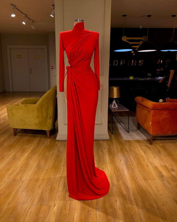Glamorous High Neck Long Sleeve Red Prom Dress Long With Split-stylesnuggle