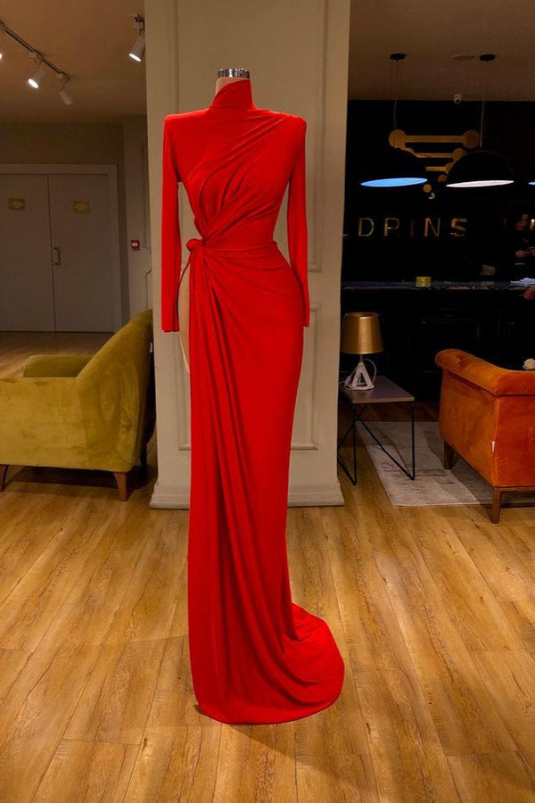 Glamorous High Neck Long Sleeve Red Prom Dress Long With Split-stylesnuggle