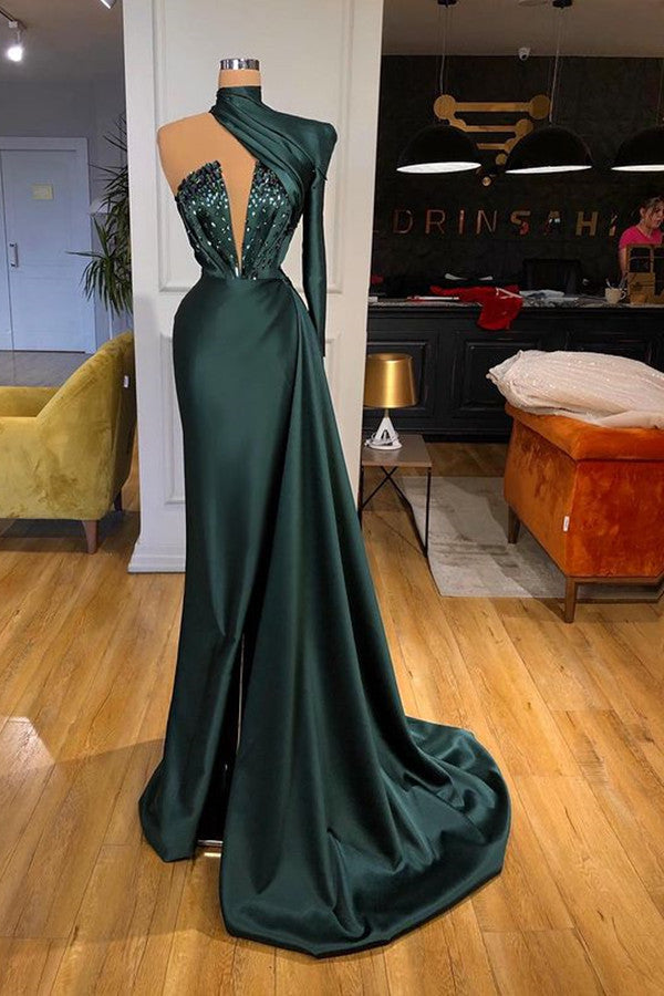 Glamorous High Neck One Shoulder Long Sleeve Mermaid Evening Gowns With Crystals-stylesnuggle