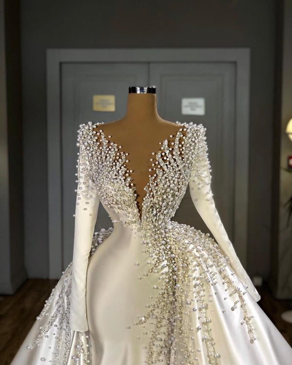 Glamorous Long Sleeve Pearls Wedding Dress V-Neck With Detachable Train Online-stylesnuggle