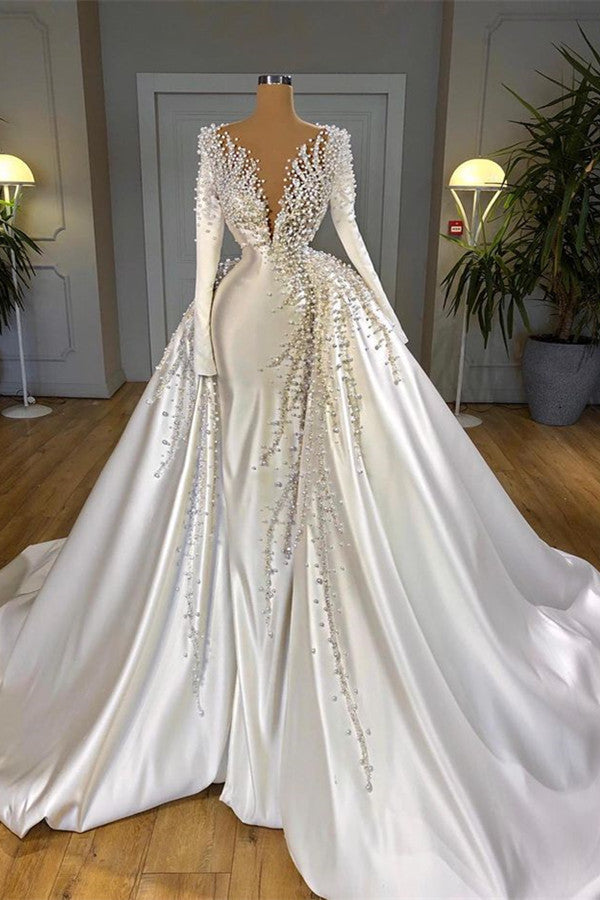 Glamorous Long Sleeve Pearls Wedding Dress V-Neck With Detachable Train Online-stylesnuggle