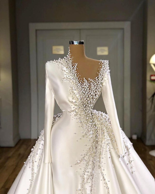 Glamorous Long Sleeves Pearls Wedding Dresses Mermaid With Detachable Train-stylesnuggle