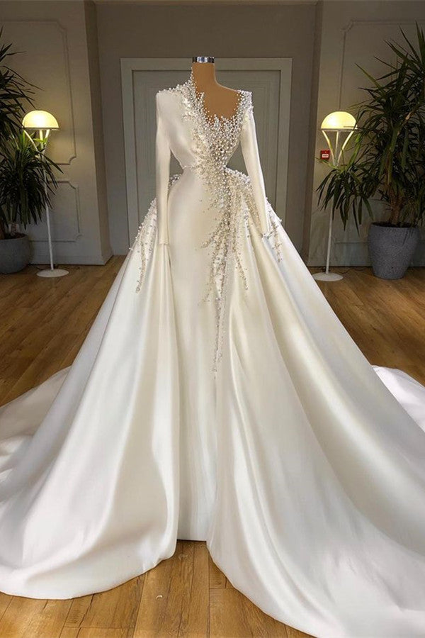 Glamorous Long Sleeves Pearls Wedding Dresses Mermaid With Detachable Train-stylesnuggle