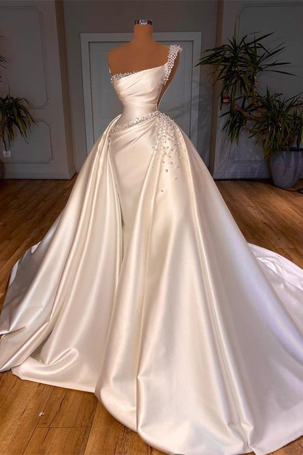 Glamorous One Shoulder Pearl Wedding Dress Overskirt Bridal Gowns On Sale-stylesnuggle