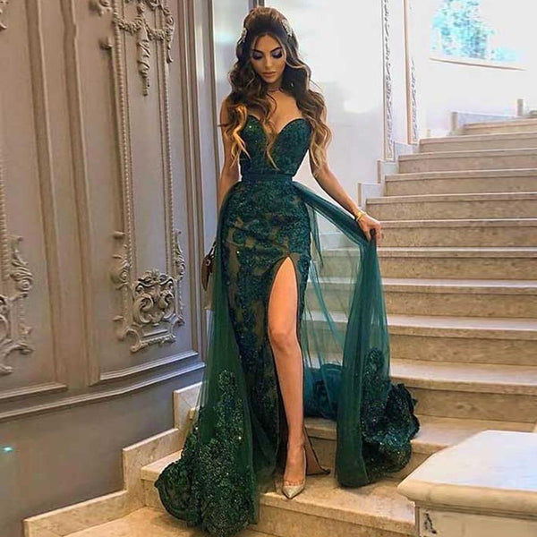 Glamorous Sweetheart Green Prom Dress Long Evening Gowns With Overskirt-stylesnuggle