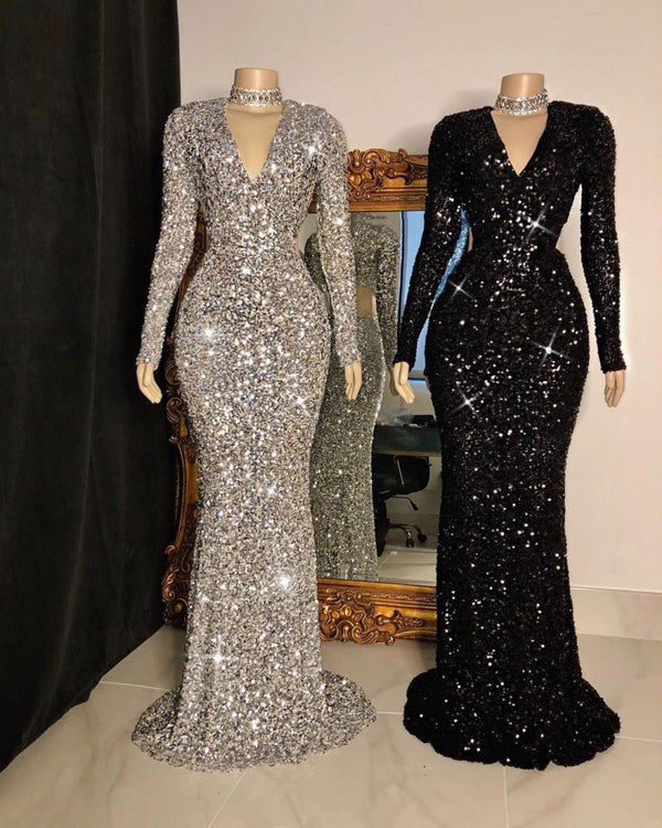 Looking for Prom Dresses, Evening Dresses, Real Model Series in Sequined,  Column style,  and Gorgeous Sequined work? stylesnuggle has all covered on this elegant Glittering Crystal Sequins Long Sleevess V-neck Mermaid Prom Dresses.