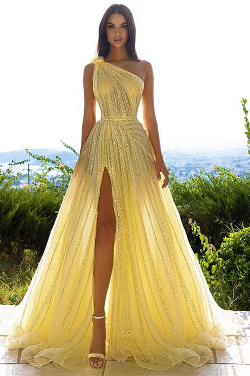 Glittering One Shoulder Daffodil Sequins Prom Dress Long Split Online-stylesnuggle