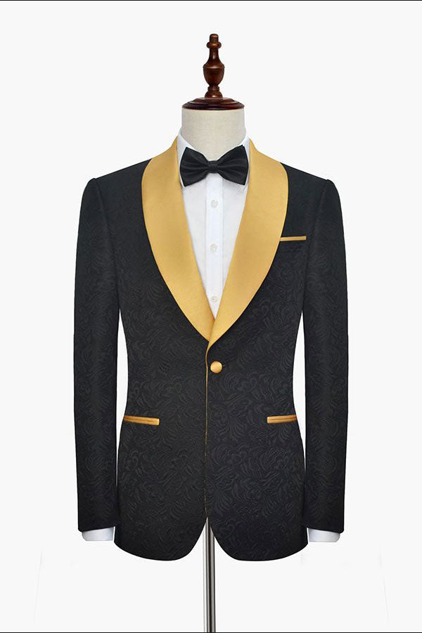 This Gold Shawl Lapel One Button Wedding Tuxedo, Black Jacquard Marriage Suits at stylesnuggle comes in all sizes for prom, wedding and business. Shop an amazing selection of Shawl Lapel Single Breasted Black mens suits in cheap price.