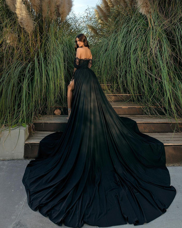 Gorgeous Black Prom Dress Off-the-Shoulder Holiday Dress Lace With Slit-stylesnuggle