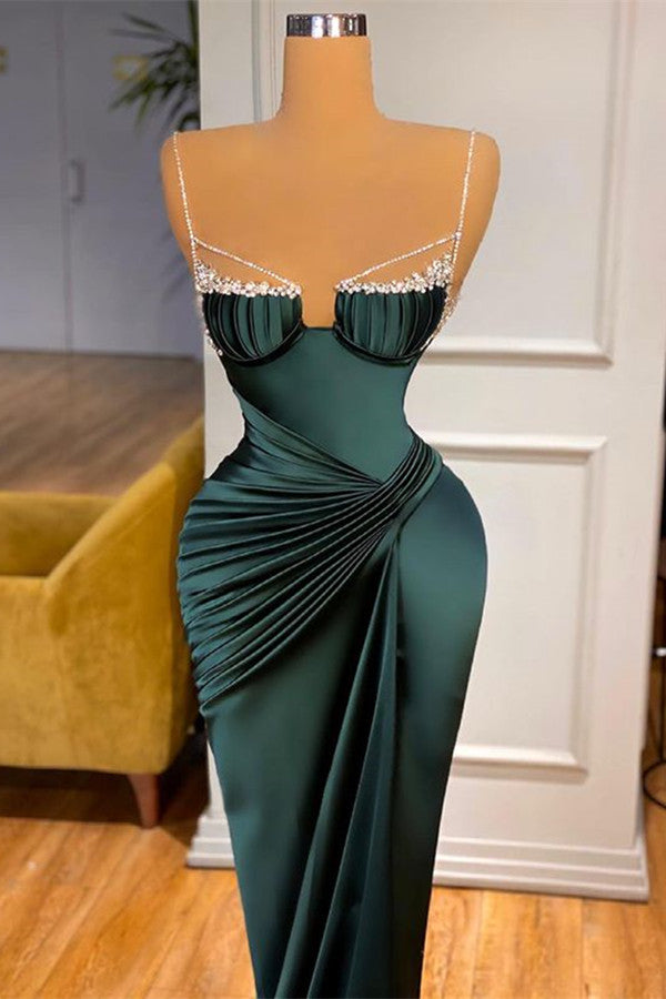Gorgeous Dark Green Spaghetti-Straps Mermaid Prom Dress With Beadings-stylesnuggle