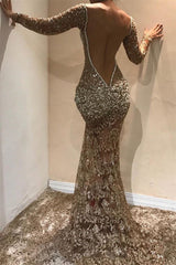 Still not know where to get your custom made prom dresses online? stylesnuggle offer you Gorgeous Mermaid Long Sleevess Open Back Sequins Prom Dresses at factory price,  fast delivery worldwide.