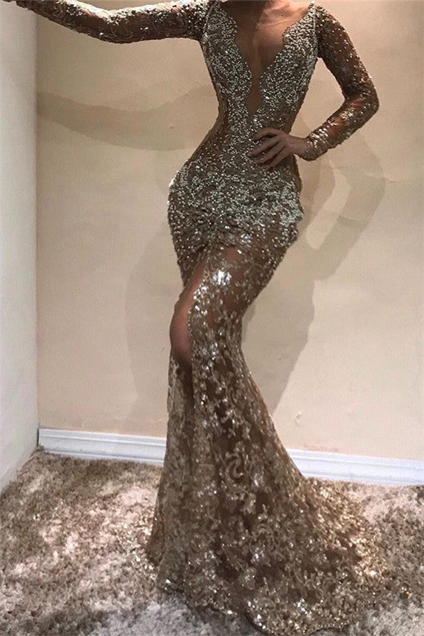 Still not know where to get your custom made prom dresses online? stylesnuggle offer you Gorgeous Mermaid Long Sleevess Open Back Sequins Prom Dresses at factory price,  fast delivery worldwide.