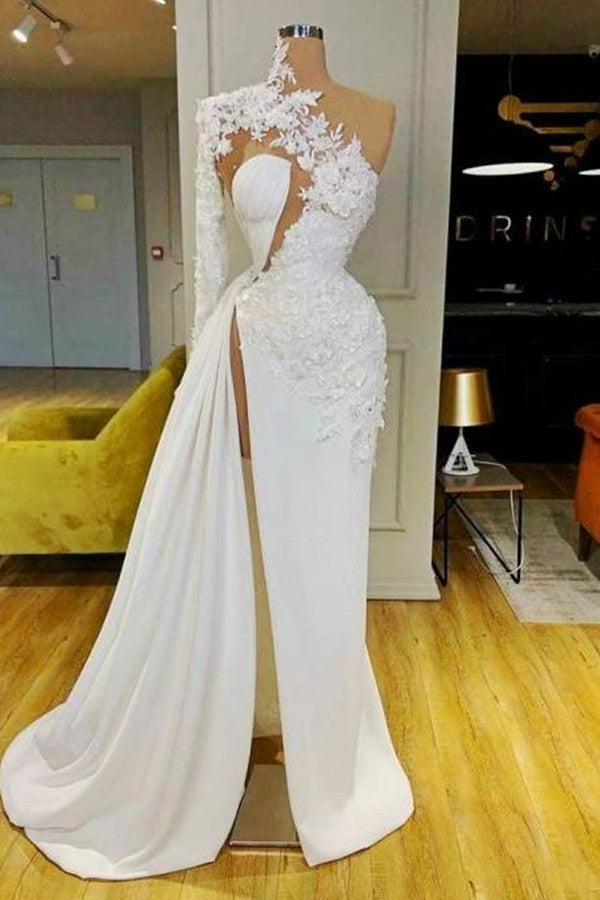 Gorgeous One Shoulder Long Sleeve Prom Dress With Lace Appliques Side Slit-stylesnuggle