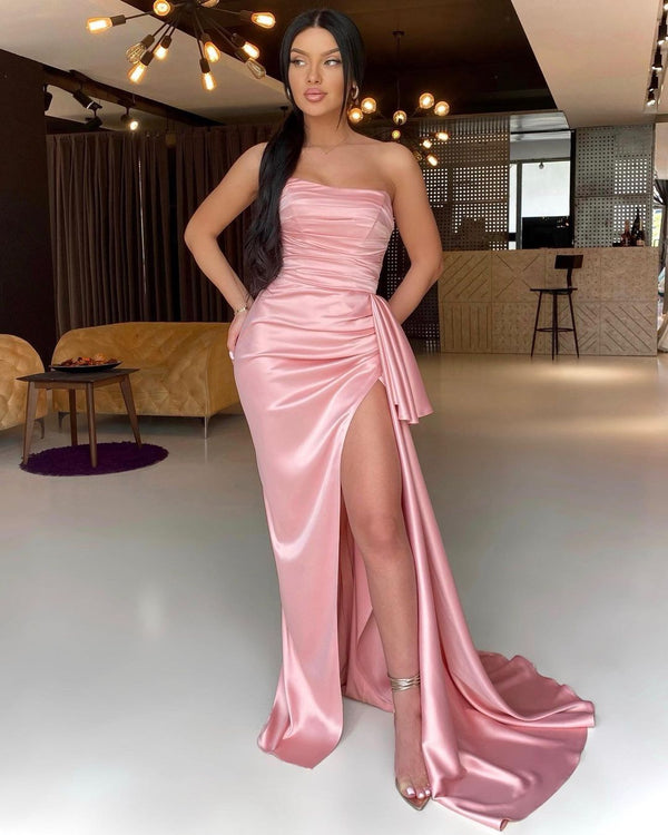 Gorgeous Pink Strapless Pleated Prom Dress Mermaid Long With Slit-stylesnuggle