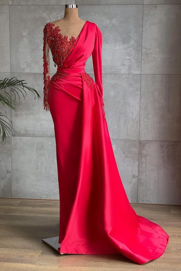 Gorgeous Red Long Sleeve Mermaid Evening Dress Lace Appliques Prom Gown Ruffles-stylesnuggle