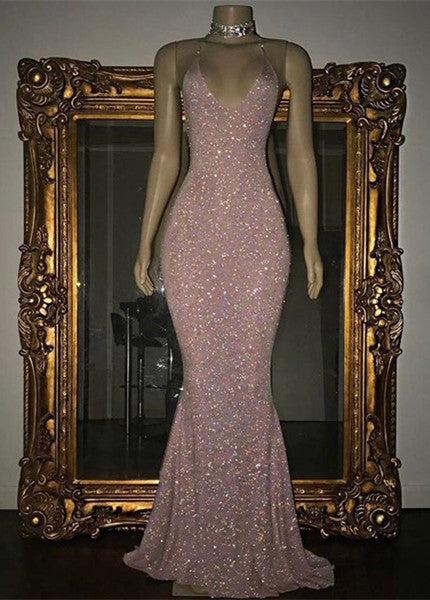 stylesnuggle offers Gorgeous Sequined Mermaid Spaghetti-strap Long Sleevesless Prom Party Gowns at a cheap price unique colors,  to Mermaid Floor-length hem. Gorgeous yet affordable Sleeveless styles.