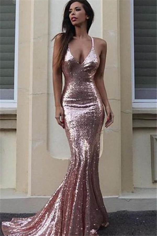 Gorgeous Sequins V-Neck Mermaid Sequins Prom Party Gowns-stylesnuggle