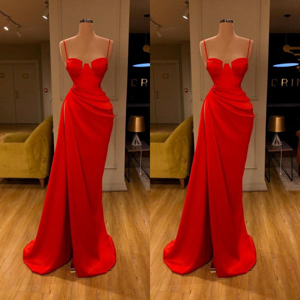 Gorgeous Spaghetti Strap Unique Round Cup High split Red Prom Dress-stylesnuggle