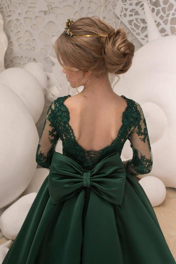 Green Jewel Lace Backless Bowtie Long Sleeves Floor Length Girl Party Flower Girl Dresses-stylesnuggle