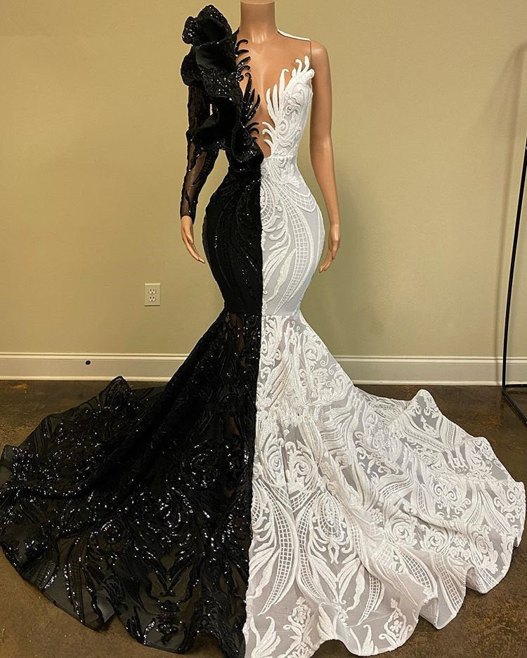 Hot Half Black Half White One shoulder Long Sleeves Mermaid Prom Dresses-stylesnuggle
