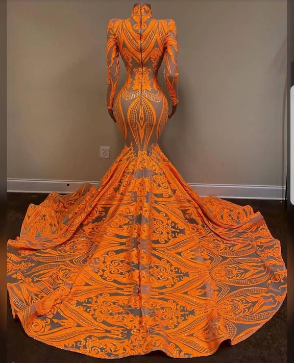 Hot Orange High neck Long Sleeves Mermaid Sequin Prom Dresses-stylesnuggle