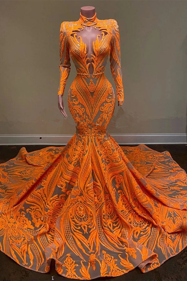 Hot Orange High neck Long Sleeves Mermaid Sequin Prom Dresses-stylesnuggle