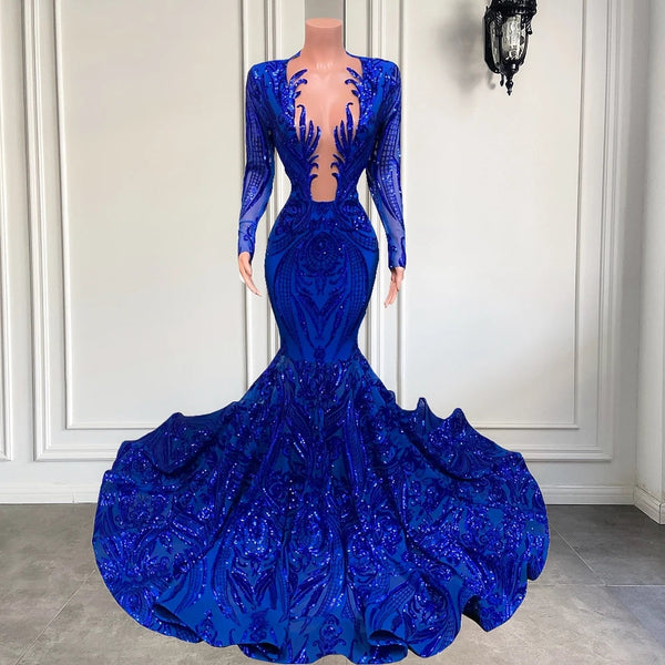 Hot Sparkle Royal Blue Sequin Long sleeves Mermaid Prom Dresses-stylesnuggle